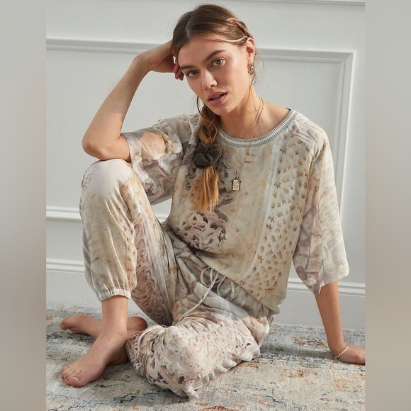 Anthropologie x Tiny Valetta Top Loungewear Neutral Patchwork Short Sleeve | XS - Picture 8 of 13